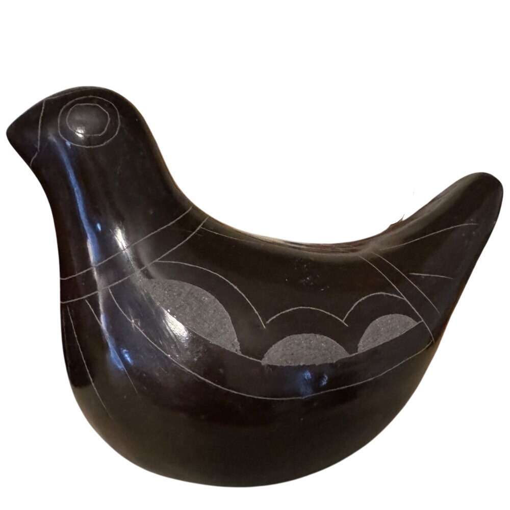 Vintage Mexican Folk Art Black Clay Pottery Dove Bird Figurine Sgraffito Etched